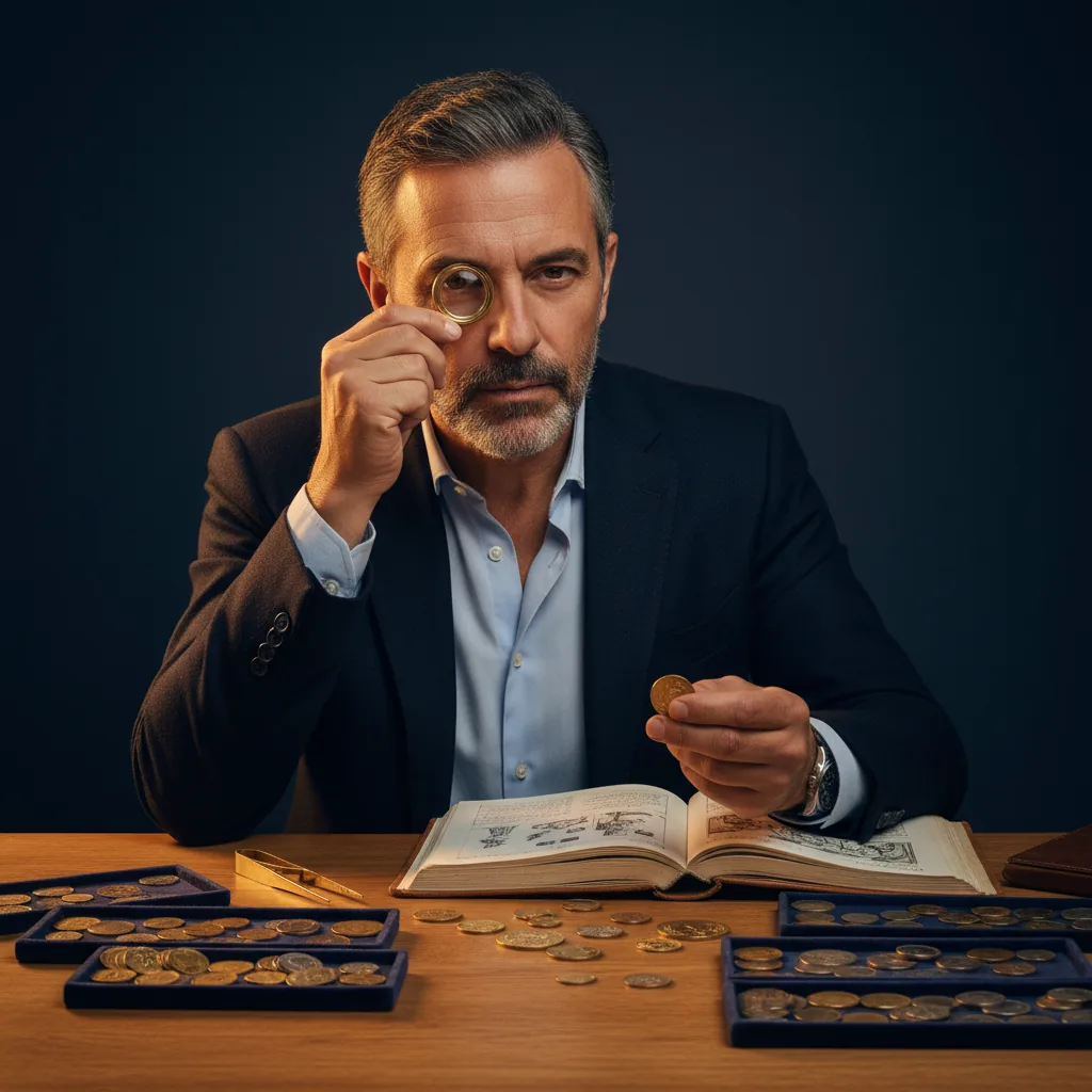 Vincent Aubertin examining an antique gold coin with a jeweler's loupe at his desk.