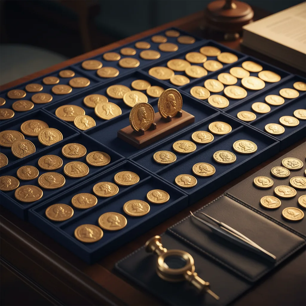 A large coin collection arranged in trays, being cataloged.