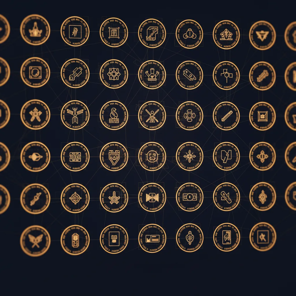 A digital catalog grid of coins with data overlays.