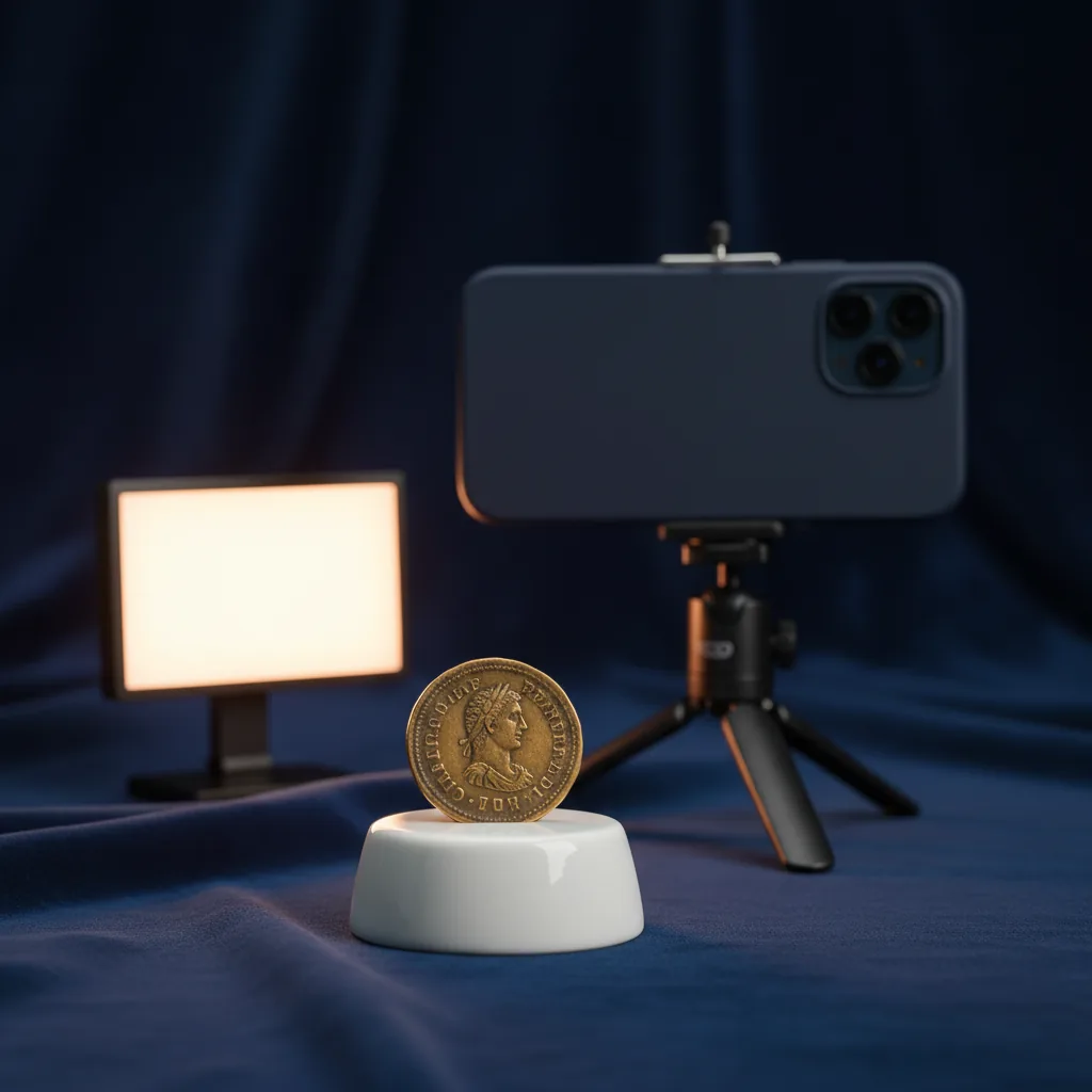 A coin on a stand being photographed with a phone and soft light.