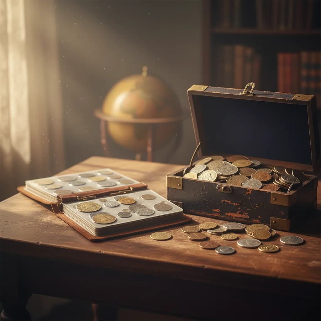 An open coin album and a worn box overflowing with inherited coins.